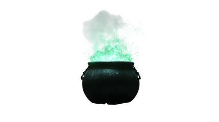 Witch's cauldron with glowing potion, isolated on transparent background