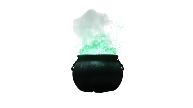 Witch's cauldron with glowing potion, isolated on transparent background