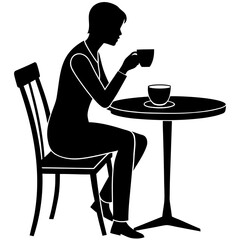 Fototapeta premium Woman sipping coffee at cafe table silhouette saucer