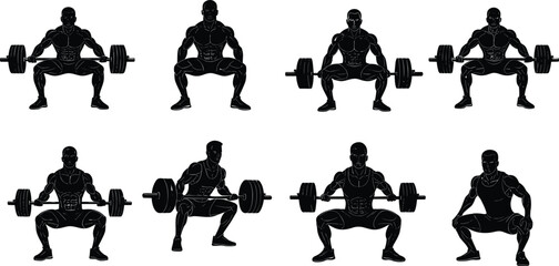 Silhouettes of muscular men lifting barbells, demonstrating strength training, squat exercises, bodybuilding poses, and weightlifting workout techniques.