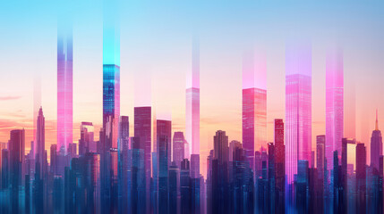 Fototapeta premium Futuristic city skyline with vibrant colors and tall buildings, showcasing blend of modern architecture and dreamy atmosphere