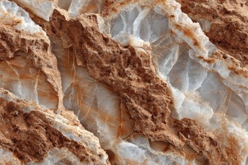 Close-up view of a stone surface with layered, veined patterns of light and dark colors