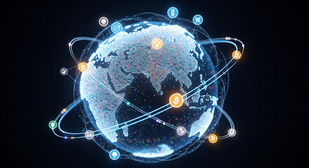 Digital earth with global network connections and cryptocurrency icons on a dark background ai generated