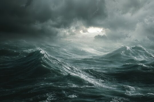 Stormy sky unleashing dramatic waves on the ocean at twilight, capturing the surreal beauty of nature in a tumultuous moment