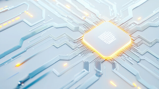 Close up view of modern microprocessor on circuit board, showcasing intricate details and glowing elements, symbolizing technology and innovation