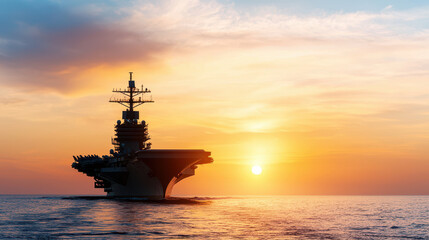 Majestic aircraft carrier silhouetted against vibrant sunset over ocean, creating serene and powerful scene