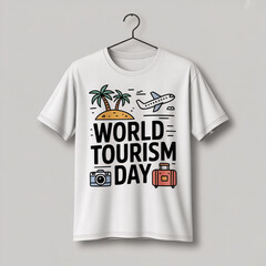 World Tourism Day T-Shirt Design with Travel Icons Hanging on a Hanger, Perfect for Globetrotters and Travel Enthusiasts