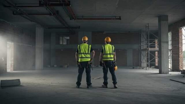 Two construction workers stand in a vast, unfinished interior space, surveying the construction site.