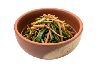 A vibrant dish of sauteed vegetables, presented in a rustic terracotta bowl, against a stark black backdrop.