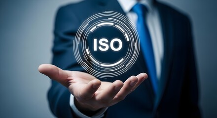 Businessman in suit presenting a holographic ISO symbol in his open hand, representing quality, standards, and certification.