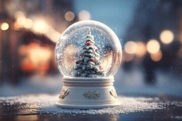 Delightful snow globe featuring a festive Christmas tree surrounded by gently falling snowflakes in a cozy winter setting