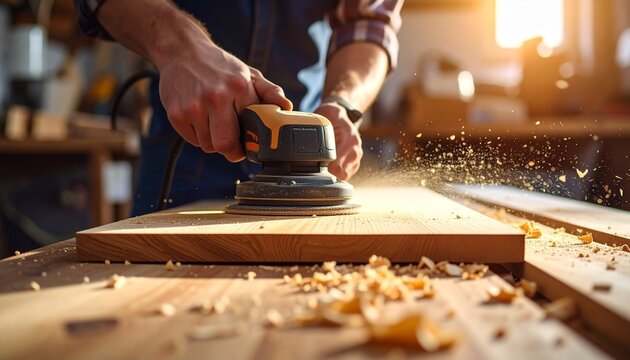 a carpenter sanding wooden board with electric sander