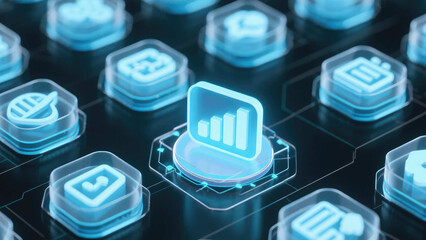 Digital Data Icons: Intricate, futuristic digital icons are depicted, each embodying modern technological processes and intricate data visualizations.