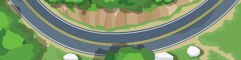 Horizontal or Landscape nature for banner. Above of asphalt road curves along the mountain range. Mountain cliff with a forest on top. Forests growing around the road on the green grass.