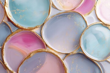 Colorful abstract resin art featuring overlapping circular shapes with gold accents in soft pastel shades, creating a vibrant, harmonious composition perfect for modern decor