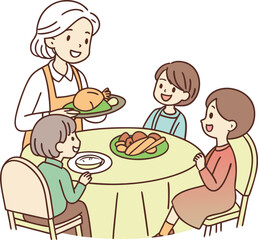Warm and inviting family gathering illustration with diverse people enjoying a meal together