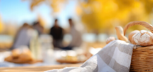 Autumn table setting with thanksgiving dinner and fall decorations creates warm outdoor picnic scene with bread basket and blurred people in background enjoying season