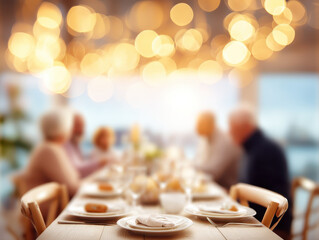 Autumn table setting thanksgiving dinner fall decorations create warm inviting atmosphere with soft lighting and blurred background featuring people enjoying festive meal together