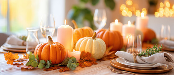 Autumn table setting with pumpkins candles and fall decorations creates warm thanksgiving dinner atmosphere with elegant plates glassware and cozy seasonal accents for celebration