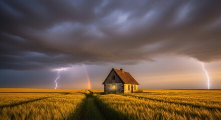 Isolated Stone Cottage Under Stormy Skies with Lightning and Rai