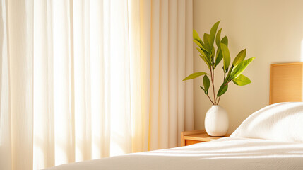 Serene bedroom scene featuring soft curtains, cozy bed, and decorative plant, creating calming atmosphere