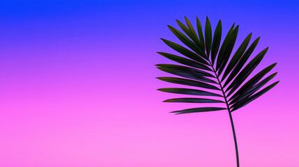 Obraz premium Solitary palm leaf stands out against vibrant gradient background of purple and blue, evoking sense of tranquility and beauty