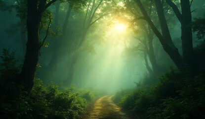 Mysterious foggy forest path with sunlight