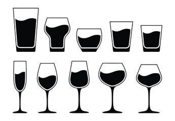 Eight glasses with straws and citrus slices icon set blackt