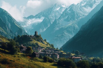 Obraz premium Serene mountain village nestled in the valley with ancient tower and snow-capped peaks in the background during early morning light