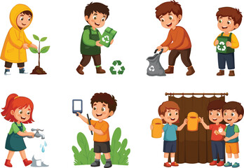 Kids doing eco-friendly activities, planting, recycling, saving water, environmental awareness, sustainability, cartoon illustration, green education, responsible children behavior