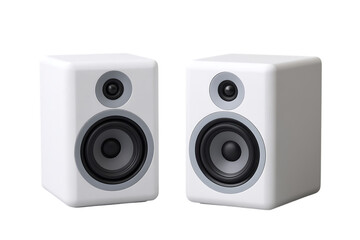 Obraz premium Two modern white compact bookshelf speakers with black woofers and silver trim positioned side by side on a black surface isolated on transparent background