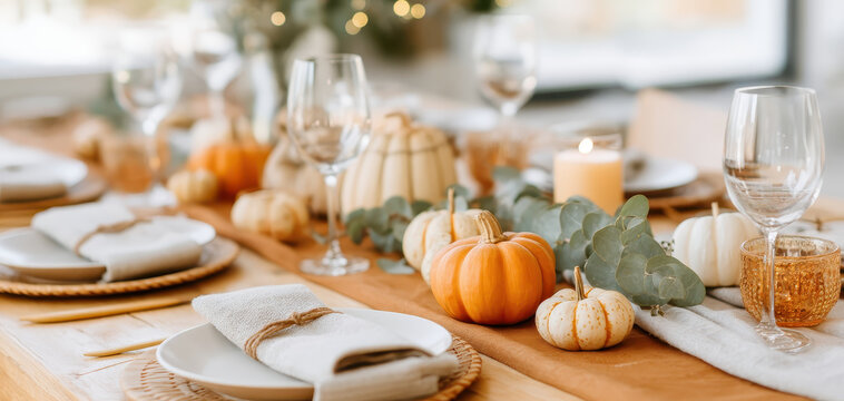Autumn table setting with pumpkins and candles creates warm thanksgiving dinner atmosphere with fall decorations and elegant rustic style for family gatherings
