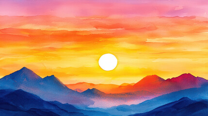 Vibrant watercolor painting depicting sunset over mountains, showcasing warm hues of orange, pink, and purple blending beautifully in sky