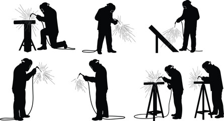 Obraz premium Silhouettes of welders working with welding torch and protective gear, creating sparks, metalwork, fabrication, industry, safety equipment.