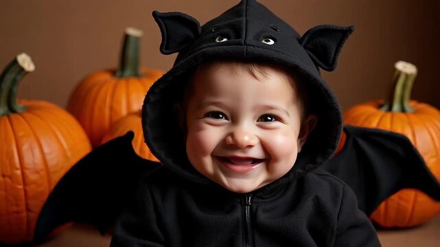 Adorable Baby's First Halloween in Bat Costume 4K Video Footage Celebration with Pumpkin Background - Perfect for Spooky Season Fun