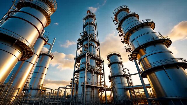 Industrial refinery towers and distillation columns with steel pipes under warm sunset sky