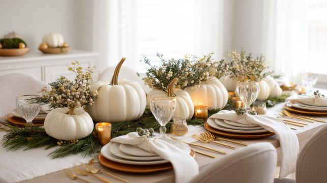 Festive holiday table setting with white pumpkins and gold accents, creating a warm and inviting atmosphere.