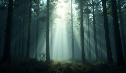 Obraz premium Sunlight rays in foggy pine forest