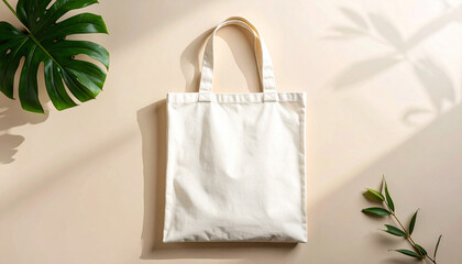 Eco-Friendly Canvas Tote Bag Mockup with Plant Decor on Beige Surface