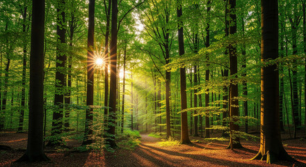 Sunlit Green Forest with Sun Rays