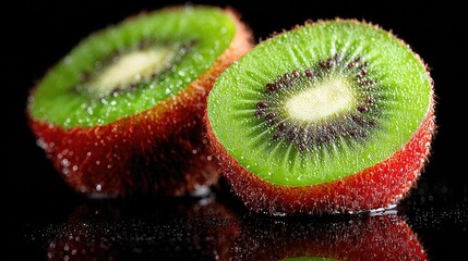 Two juicy kiwi fruit halves, glistening with water droplets, sit on a reflective black surface