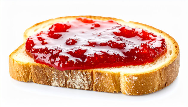 Slice of toast with vibrant strawberry jam spread isolated on white background. Sweet food.