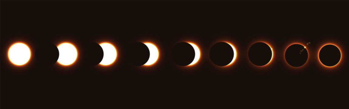Different phases of solar eclipse. Iridescent round aura eclipse. Orange planet glow background. Sun or moon total eclipse in dark space. Star aurora flare with sparkles and sparkles effects.