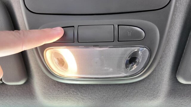 analog car buttons. Man finger pressing play button on vintage tape player. close up finger pressing off button on car climate control panel to disable ac while illuminated recirculation