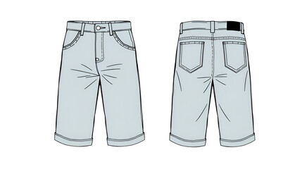 Chino sartorial Shorts design flat sketch vector illustration, denim printed casual shorts concept with front and back view, printed walking bermuda walking shorts design illustration