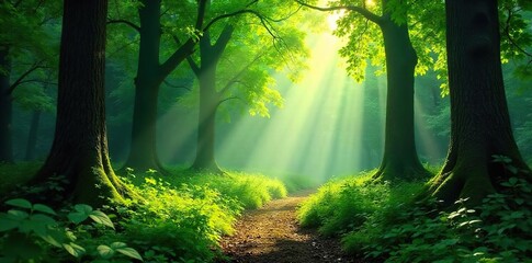 Naklejka premium Lush green forest scene, sunlight filtering through dense canopy, creating dappled light on the forest floor Perfect for nature, environmental, and travel themes , natural, dappled light, forest