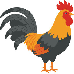 Stylized Vector Rooster Illustration – Vibrant Farm Animal with Arched Tail Feathers, Red Comb, and Orange Plumage on White Background