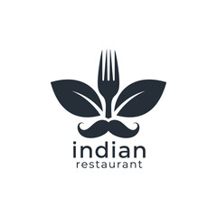 A stylized logo for an Indian restaurant featuring a fork, leaves, and a mustache, representing cuisine and dining.