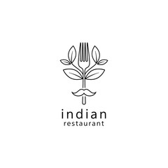A minimalist logo for an Indian restaurant, featuring a stylized fork and leaves, suggesting healthy and flavorful cuisine.