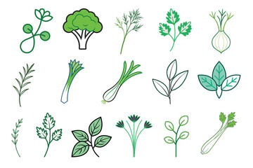 Fresh Herbs and Vegetables Icon Set in Flat Design